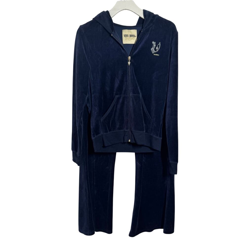 Viva Diva Velour Tracksuit Set Women L Navy‎ Blue Y2K Full Zip Lounge Set Bling